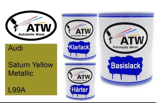 Audi, Saturn Yellow Metallic, L99A: 1L Lackdose + 1L Klarlack + 500ml Härter - Set, von ATW Autoteile West.